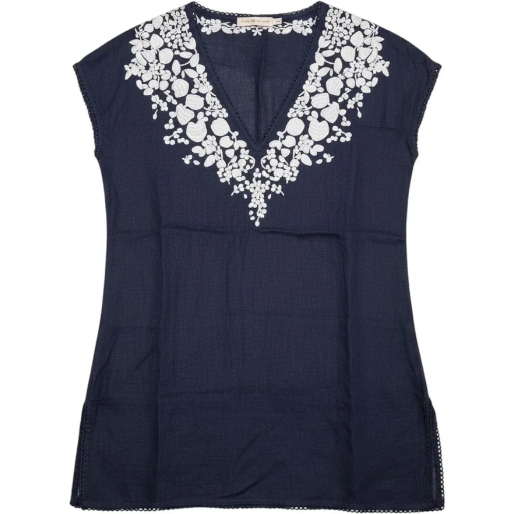 Tory Burch Linen Tunic Women XS Navy Blue Excellent Embroidered Boho V-Neck Top
